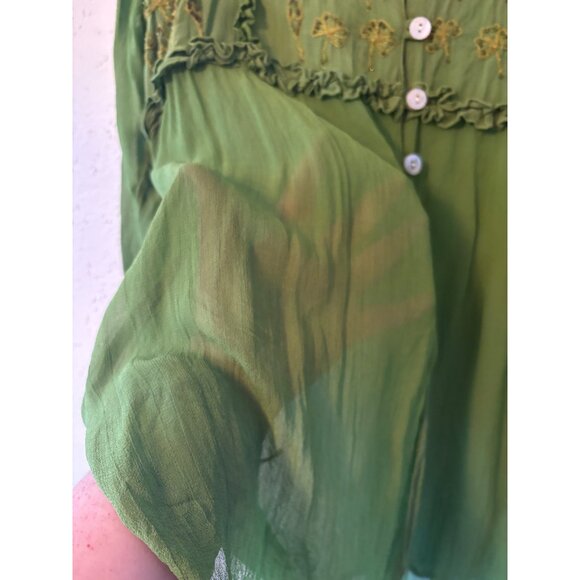 Vintage Boho Chic Green Embroidered Button-Down Tunic Top By CGNY Long Sleeve - Picture 7 of 14